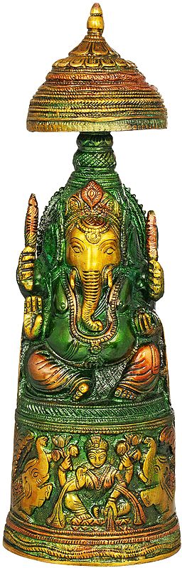10" The King Ganesha with Lakshmi Ji Carved in Pedestal In Brass | Handmade | Made In India