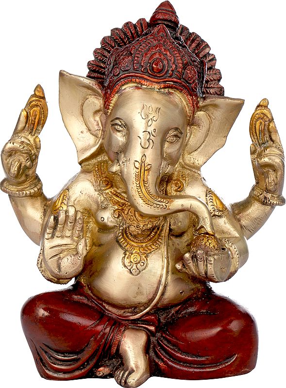 7" Lord Ganesha Enjoying Modak In Brass | Handmade | Made In India