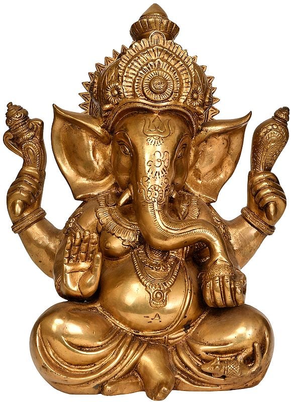 12" Brass Lord Ganesha Statue in Ashirvad Mudra | Handmade | Made in India