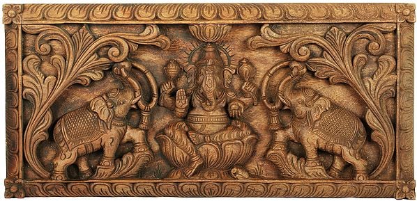 Wooden Gaja Ganesha Wall Hanging Panel - Carving with South India Temple Wood