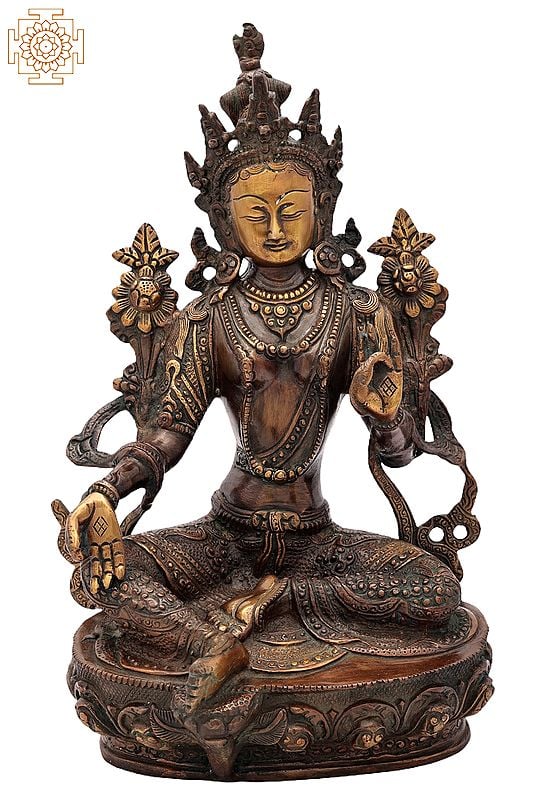 12" Tibetan Buddhist Goddess Green Tara - The Goddess Who Removes All Fears in Brass | Handmade | Made In India