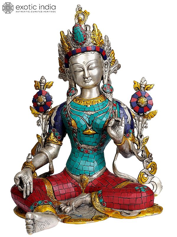 15" Tibetan Buddhist Goddess Green Tara (with Inlay Work) In Brass