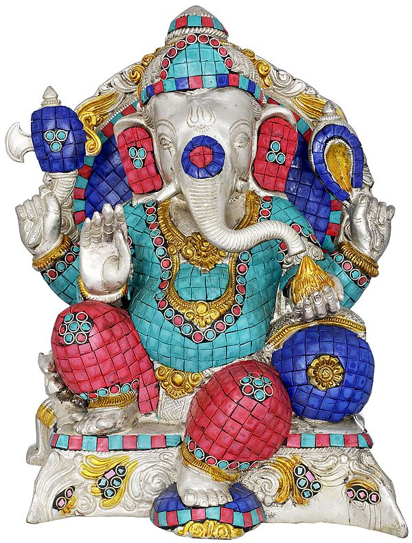 13" Lord Ganesha Seated in Royal Ease Posture (with Inlay Work) In Brass | Handmade | Made In India