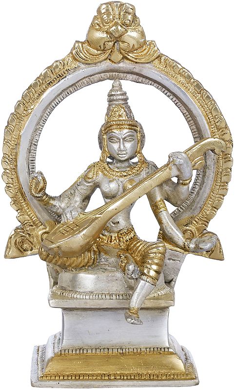 6" Goddess Saraswati Brass Sculpture | Handmade | Made in India