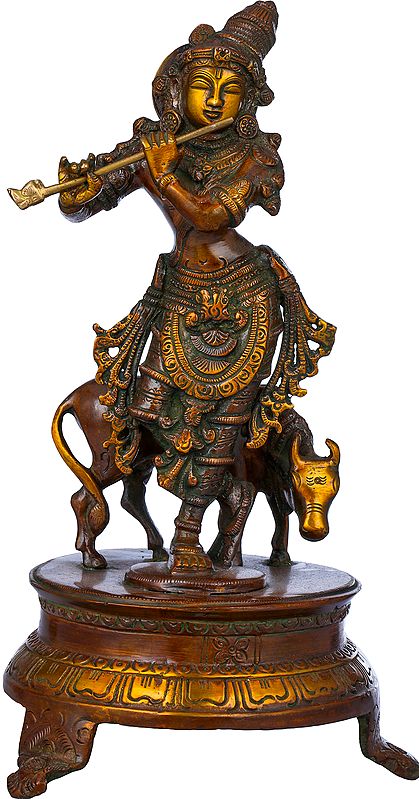 10" Brass Venugopala Idol (Fluting Krishna with His Cow) | Handmade Brass Statue