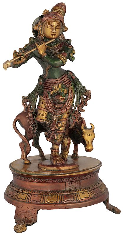 10" Brass Venugopala Idol (Fluting Krishna with His Cow) | Handmade Brass Statue