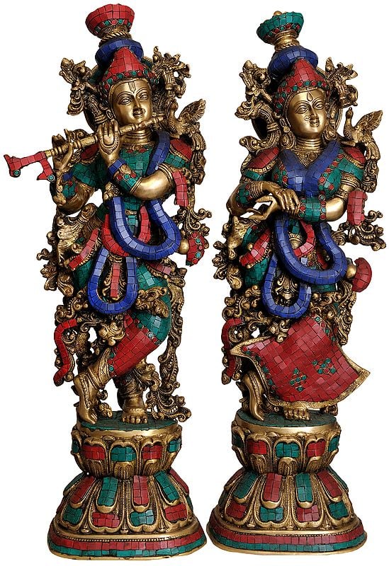 28" Radha Krishna (Inlay Statue) In Brass | Handmade | Made In India