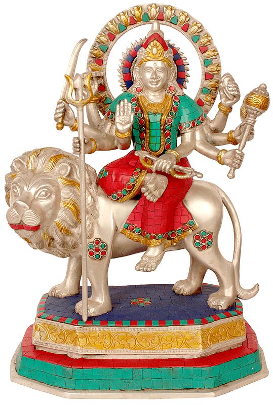 15" Goddess Durga Brass Inlay Statue | Handmade Indian Idols