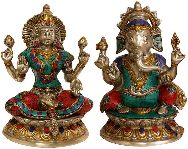 9" Lakshmi-Ganesha (Inlay Statues) In Brass | Handmade | Made In India