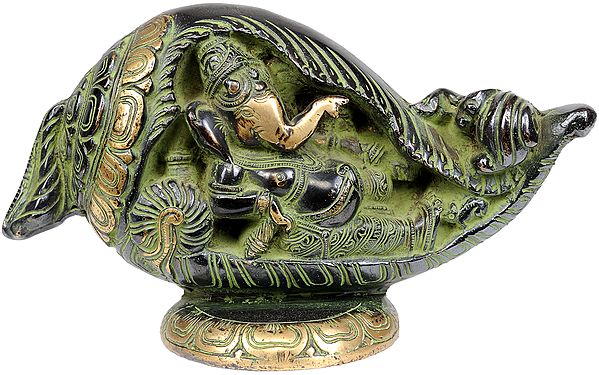 Lord Ganesha Brass Statue Relaxing in a Conch