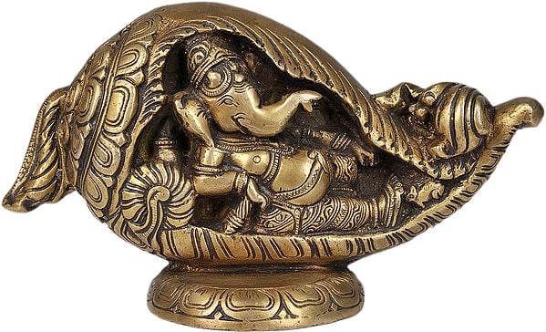 Lord Ganesha Brass Statue Relaxing in a Conch