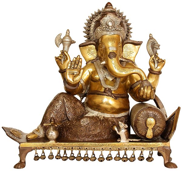 16" Lord Ganesha Seated on Chowki In Brass | Handmade | Made In India