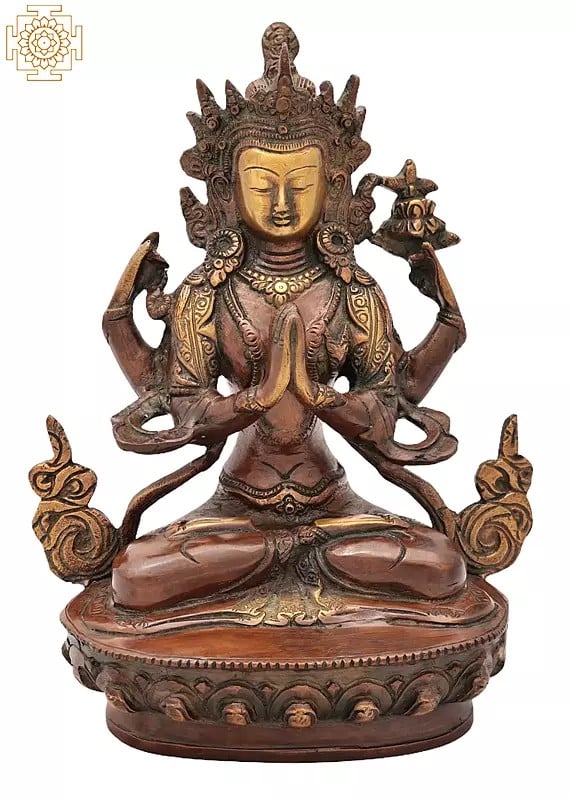 8" Tibetan Buddhist Deity Chenrezig (Shadakshari Lokeshvara) - Most Popular Deity of Tibet in Brass | Handmade | Made In India