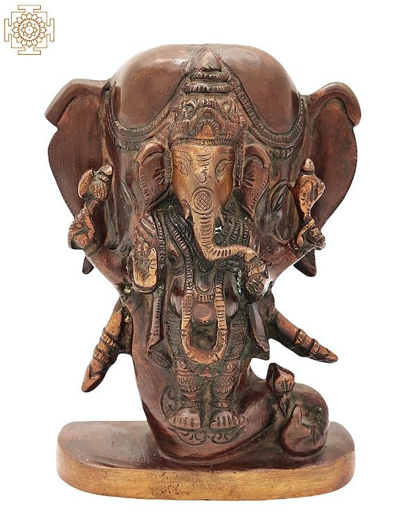5" Brass Lord Ganesha Idol Standing in the Backdrop of Elephant Head