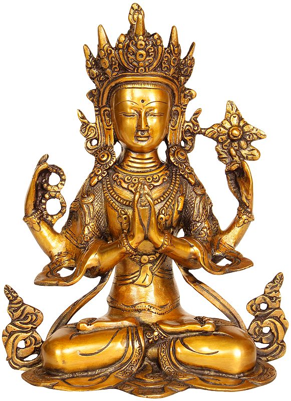 10" Tibetan Buddhist Deity Chenrezig (Shadakshari Lokeshvara) In Brass | Handmade | Made In India