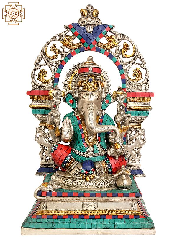 15" Enthroned Ganesha (Inlay Statue) In Brass | Handmade | Made In India