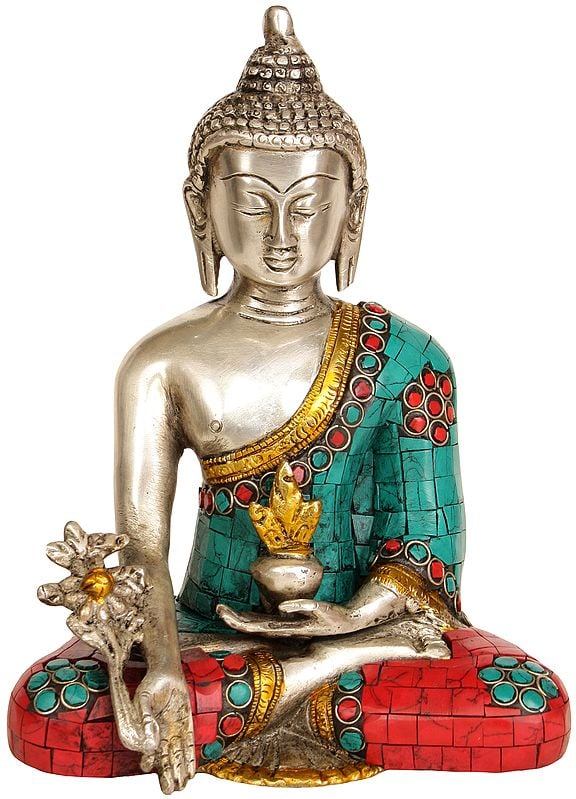 7" Brass Medicine Buddha Idol with Inlay work | Handmade Tibetan Buddhist Statue