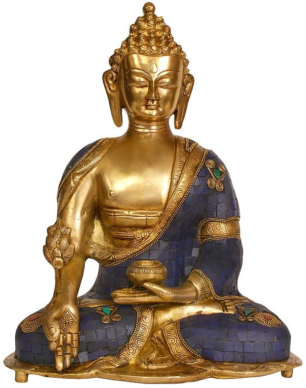 14" Lapis Healing Buddha (Inlay Tibetan Buddhist Statue) In Brass | Handmade | Made In India