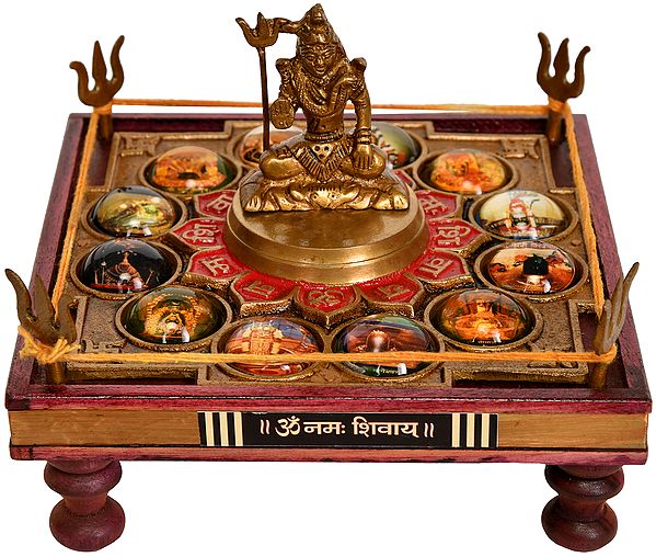 Pedestal for Worshipping Bhagwan Shiva with Images of 12 Jyoti Lingas