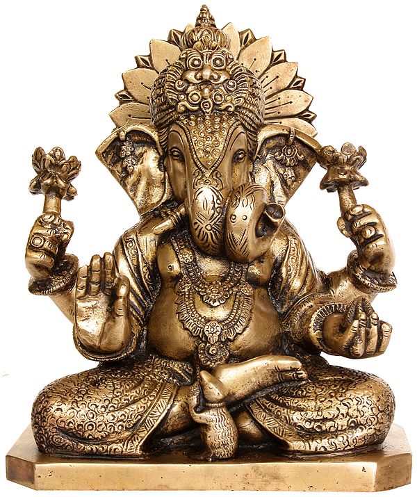 9" Four Armed Ganesha In Brass | Handmade | Made In India