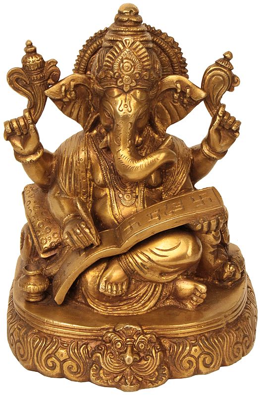 7" Lord Ganesha Scripting the Mahabharata In Brass | Handmade | Made In India