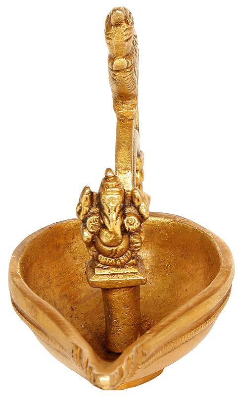 7" Ganesha Diya with Peacock Handle (Price Per Piece) In Brass | Handmade | Made In India