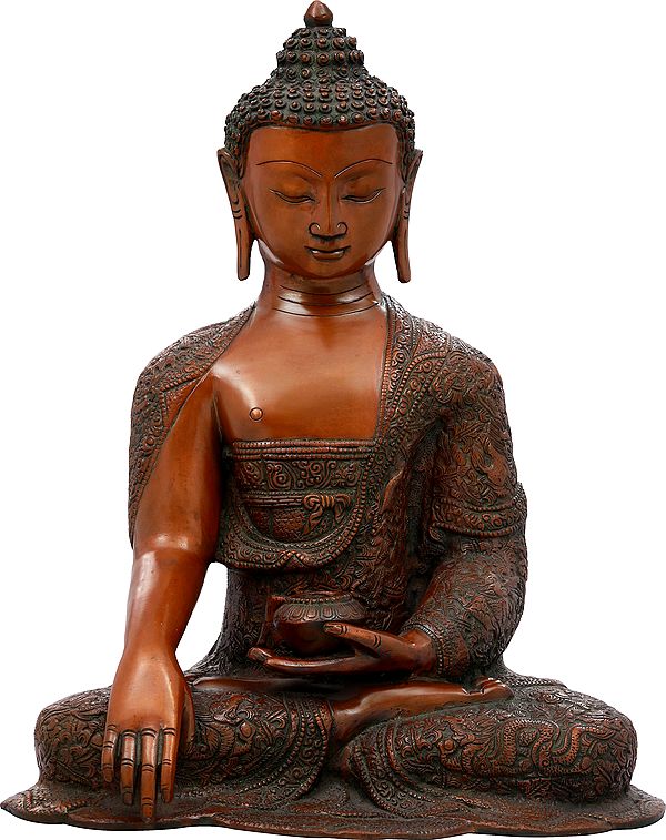 16" Shakyamuni Buddha, Ashtamangalas On His Lifelike Drape In Brass | Handmade | Made In India