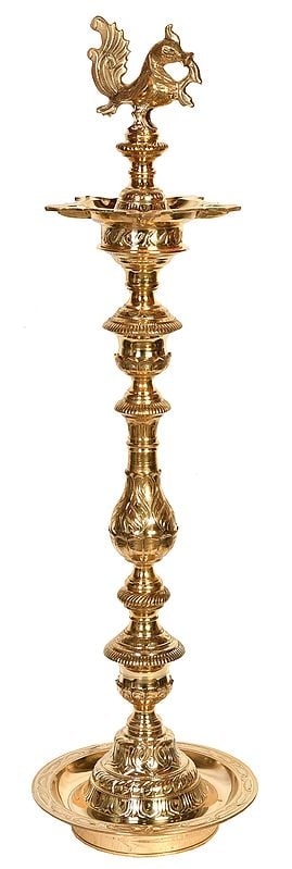38" Five-Wick Large Peacock Lamp with Stand in Brass | Handmade | Made in India