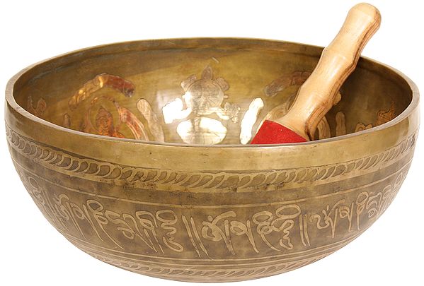Tibetan Buddhist Ritual Singing Bowl with the Buddha Granting Abhaya and Mandala in Centre