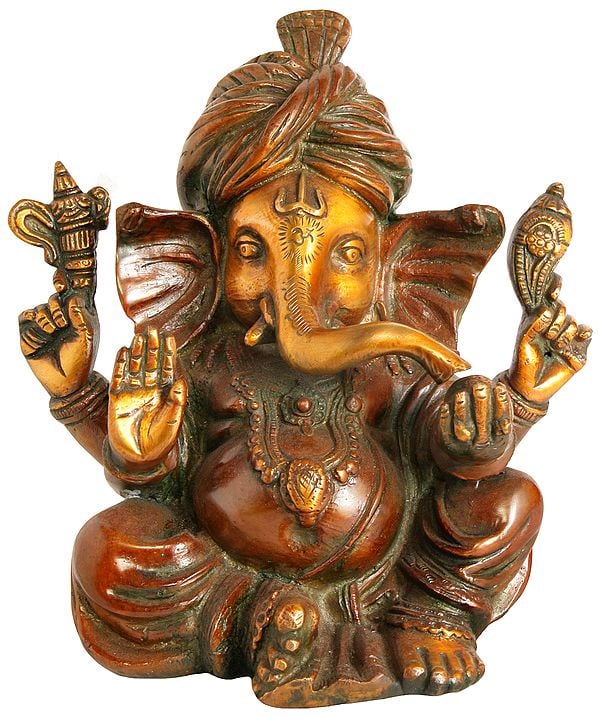 7" Ganesha with Turban In Brass | Handmade | Made In India
