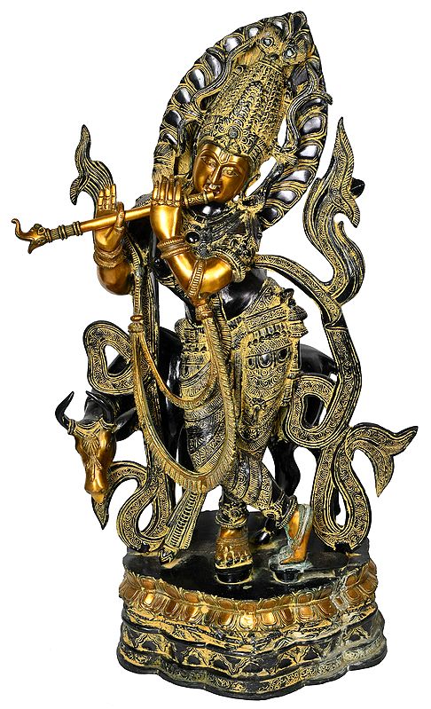34" Large Size Krishna with Cow In Brass | Handmade | Made In India