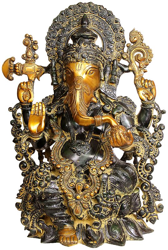 17" Lord Ganesha Seated on Lotus In Brass | Handmade | Made In India