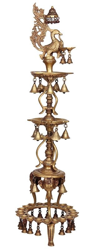 41" Large Size Peacock Lamp with Hanging Bells and Ghungaroos in Brass | Handmade | Made in India