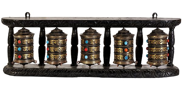 Five Prayer wheels Enshrined in One Stand (Wall Hanging) -Tibetan Buddhist