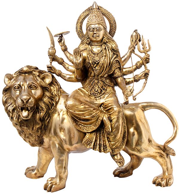 27" Large Size Mother Goddess Durga Seated on Lion | Handmade | Brass | Made In India