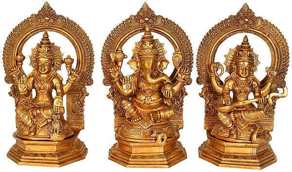 10" Lakshmi Ganesha Saraswati - Set of Three Statues In Brass | Handmade | Made In India