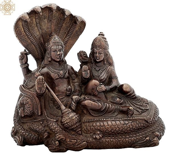 6" Lord Vishnu and Goddess Lakshmi Seated on Sheshnag In Brass | Handmade | Made In India
