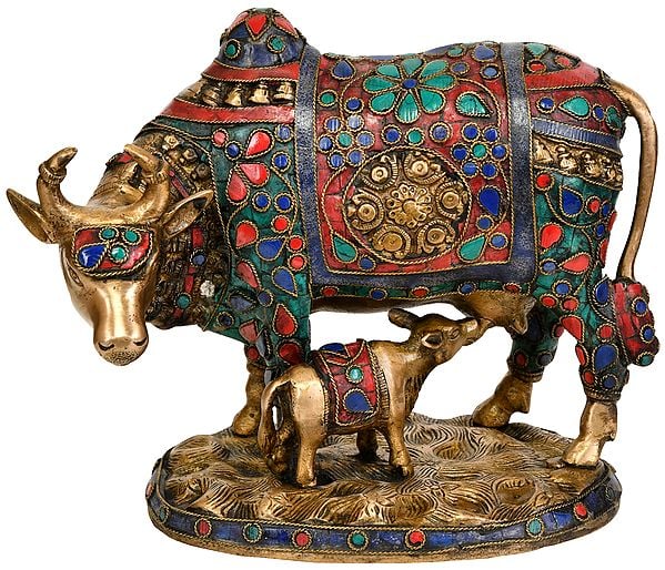 8" Mother Cow Feeding Her Calf | Handmade Brass Sculpture | Made in India