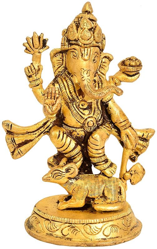4" Brass Lord Ganesha Statue Standing on Rat | Handmade | Made in India