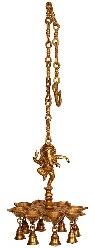 12" Dancing Ganesha Hanging Puja Lamp with Bells In Brass | Handmade | Made In India