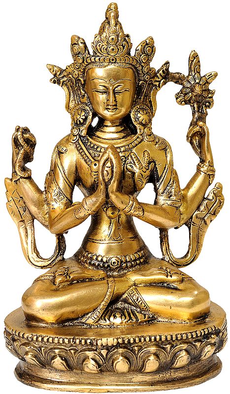 8" Tibetan Buddhist Deity Chenrezig (Four Armed Avalokiteshvara) In Brass | Handmade | Made In India