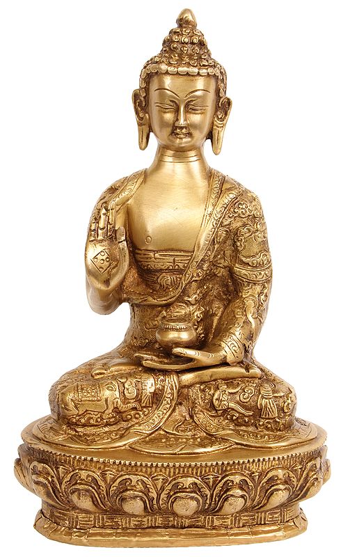 10" Buddha in The Vitarka Mudra (Robes Decorated with the Scenes of His Life) In Brass | Handmade | Made In India