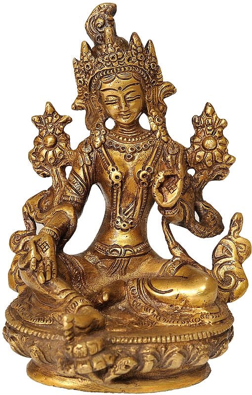 6" Tibetan Buddhist Goddess Green Tara In Brass | Handmade | Made In India