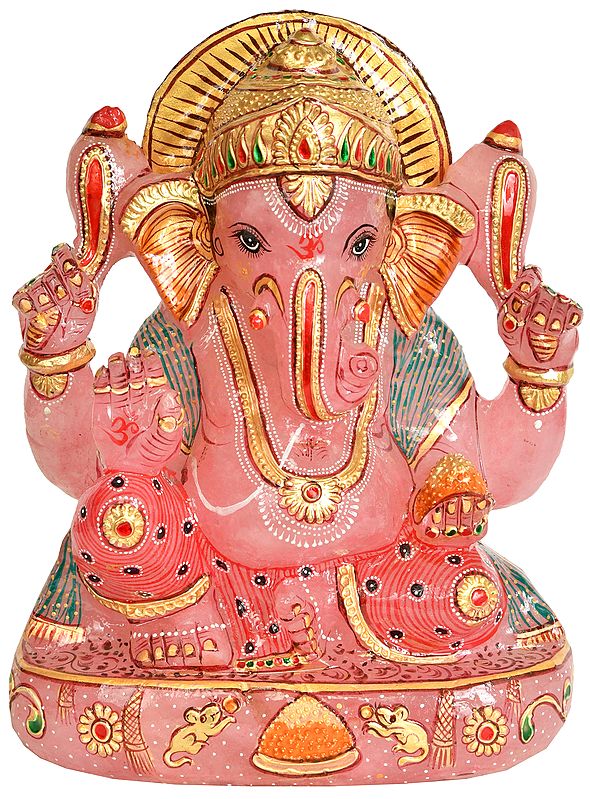 Blessing Lord Ganesha (Carved in Rose Quartz)