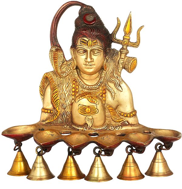 12" Brass Six Wicks Shiva Puja Lamp with Bells | Wall Hanging Diya | Handmade | Made in India