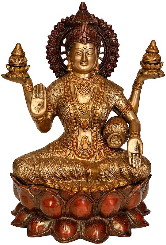 12" Goddess Lakshmi Seated on Lotus In Brass | Handmade | Made In India