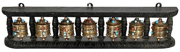 Seven Tibetan Buddhist Prayer Wheels Enshrined in one Stand - Made in Nepal