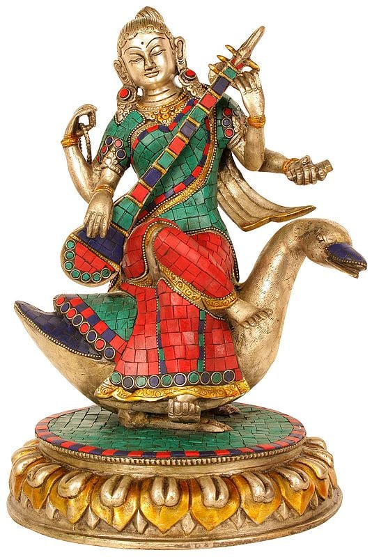 13" Goddess Saraswati Seated  on Swan with Veena In Brass | Handmade | Made In India