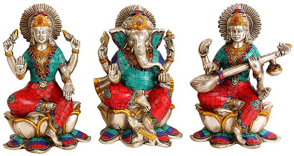 9" Lakshmi Ganesha Saraswati - Set of Three Statues In Brass | Handmade | Made In India