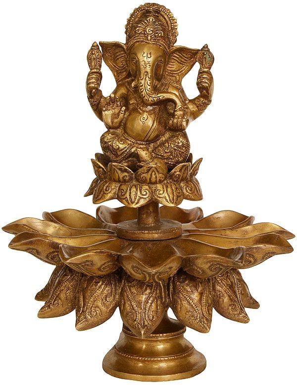 11" Lord Ganesha with Lotus Petal Diyas In Brass | Handmade | Made In India